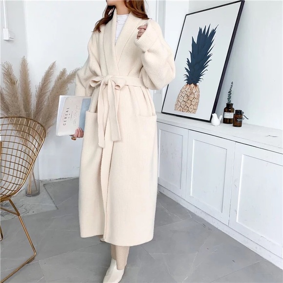 Cardigan sweater chunky knit tie belt thick winter pockets Apricot Beige cream - Picture 7 of 13